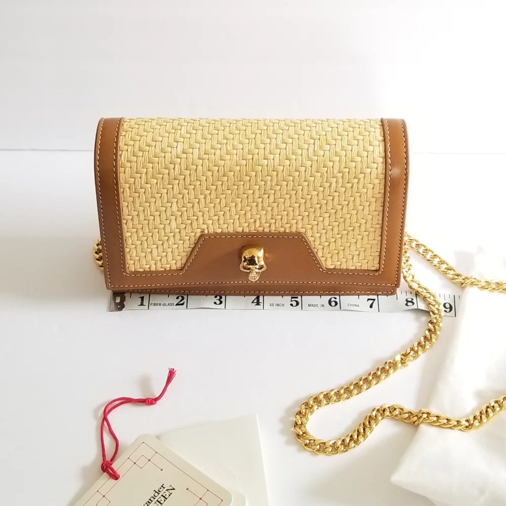 Alexander McQueen Raffia Skull Crossbody Bag Natural Camel - Picture 9 of 10